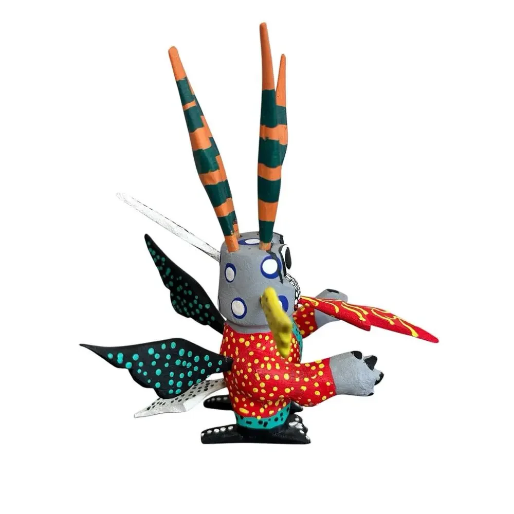 Oaxacan Wood Carved Loco Martian Fire Breather Winged Alebrije Mexican Folk Art